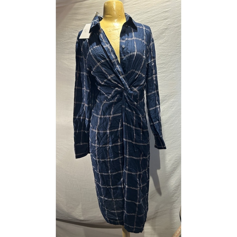 NWT Charles Henry Women's Large Navy Checker Twist Front Midi Shirt Dress